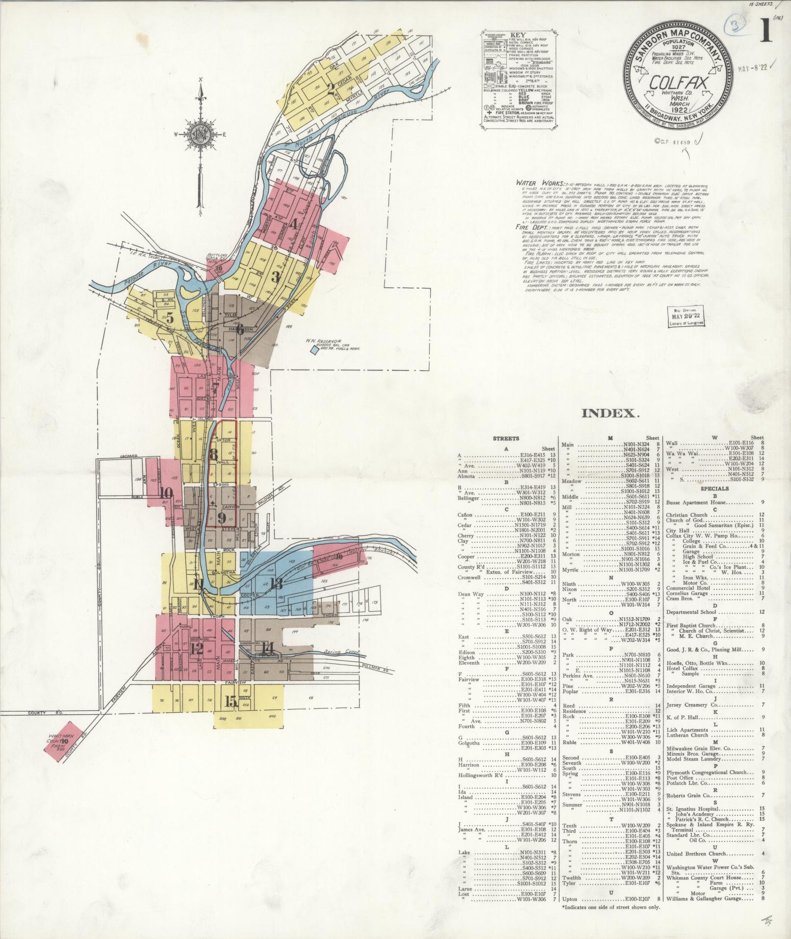 Sanborn Fire Insurance Map from Colfax, Whitman County, Washington (1922), Sheet #0001 - Historic Sanborn Fire Insurance Map Print, vintage old map wall art, antique decor, genealogy gift, Washington Washington map