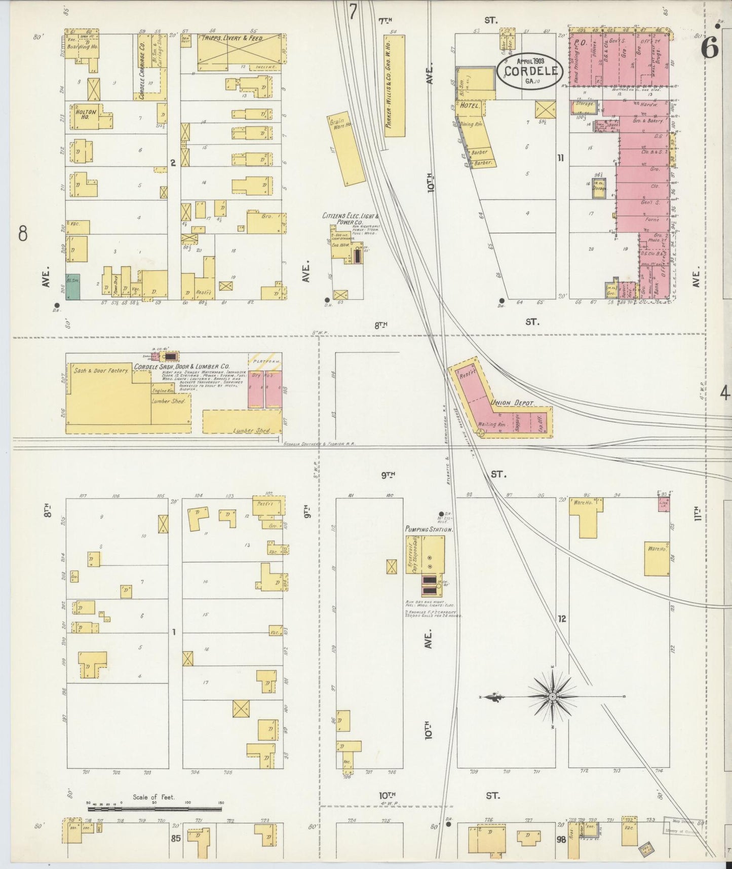 Sanborn Fire Insurance Map from Cordele, Crisp County, Georgia (1903), Sheet #0006 - Historic Sanborn Fire Insurance Map Print, vintage old map wall art, antique decor, genealogy gift, Georgia Georgia map