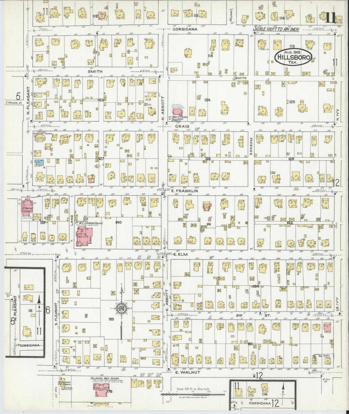Sanborn Fire Insurance Map from Hillsboro, Hill County, Texas (1918), Sheet #0011 - Historic Sanborn Fire Insurance Map Print, vintage old map wall art, antique decor, genealogy gift, Texas Texas map