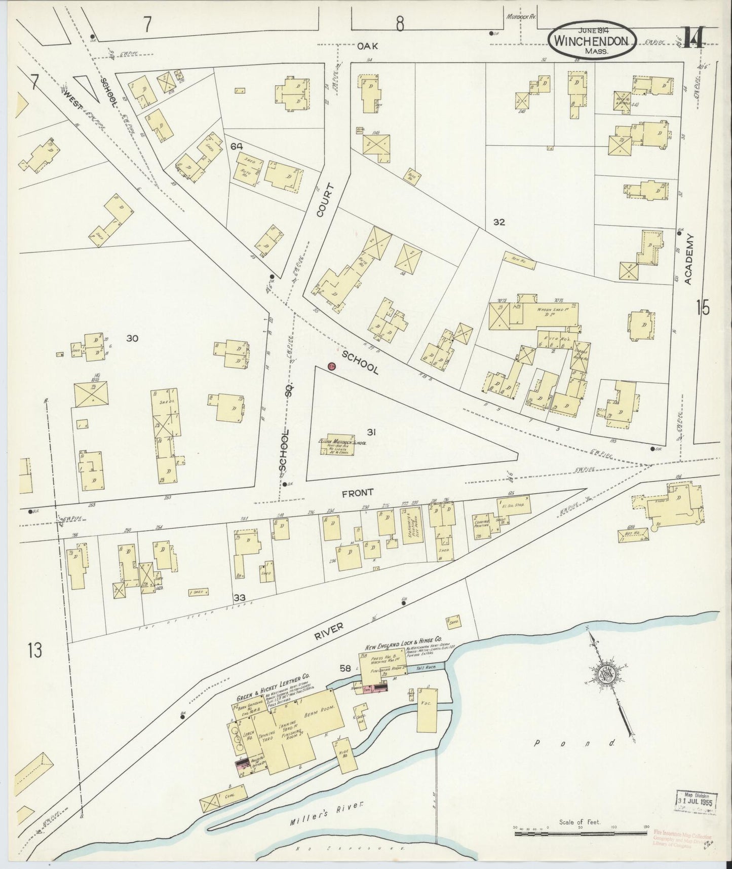 Sanborn Fire Insurance Map from Winchendon, Worcester County, Massachusetts (1914), Sheet #0014 - Historic Sanborn Fire Insurance Map Print, vintage old map wall art, antique decor, genealogy gift, Massachusetts Massachusetts map