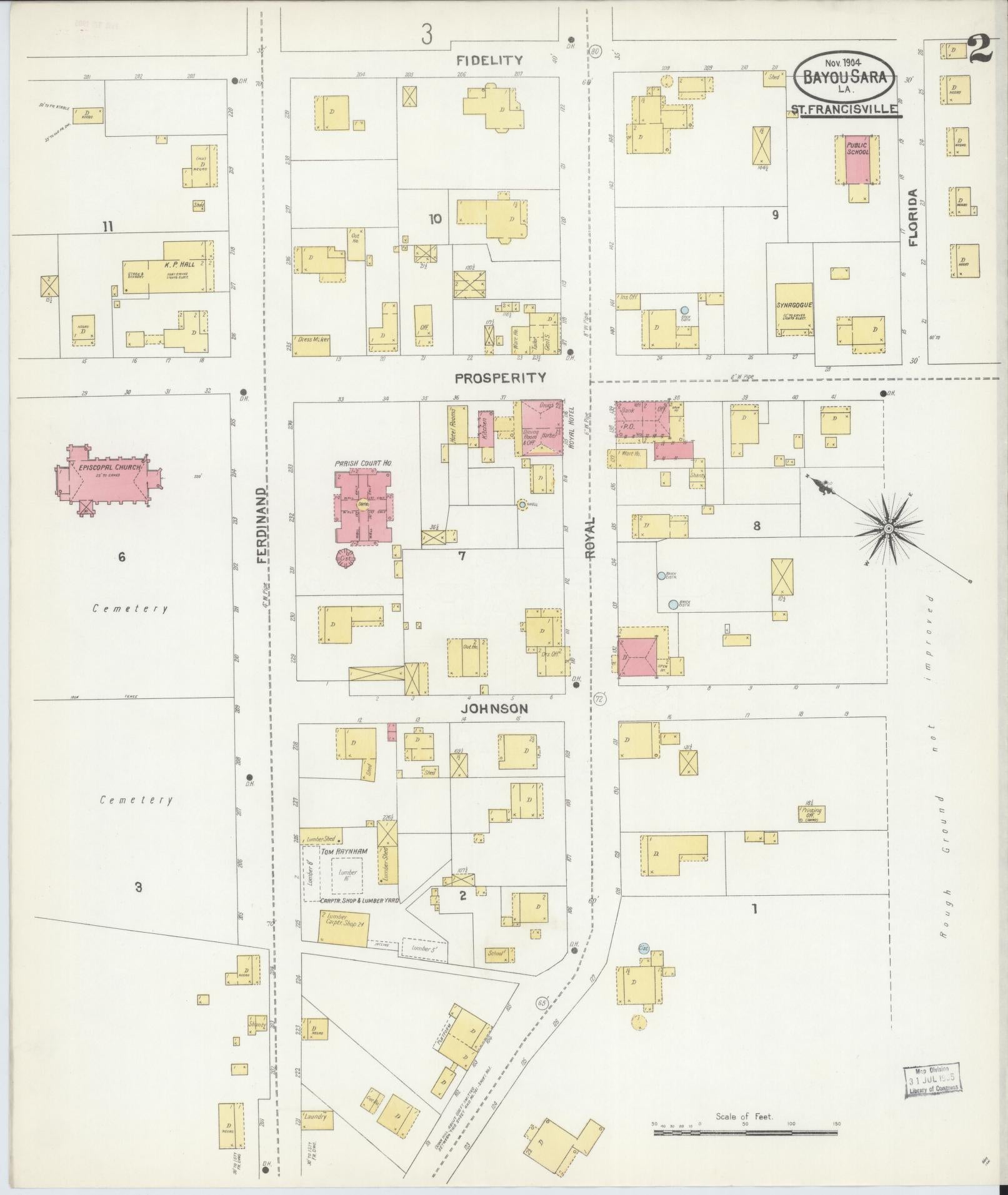 Sanborn Fire Insurance Map from Bayou Sara, West Feliciana Parish, Louisiana (1904), Sheet #0002 - Historic Sanborn Fire Insurance Map Print, vintage old map wall art, antique decor, genealogy gift, Louisiana Louisiana map