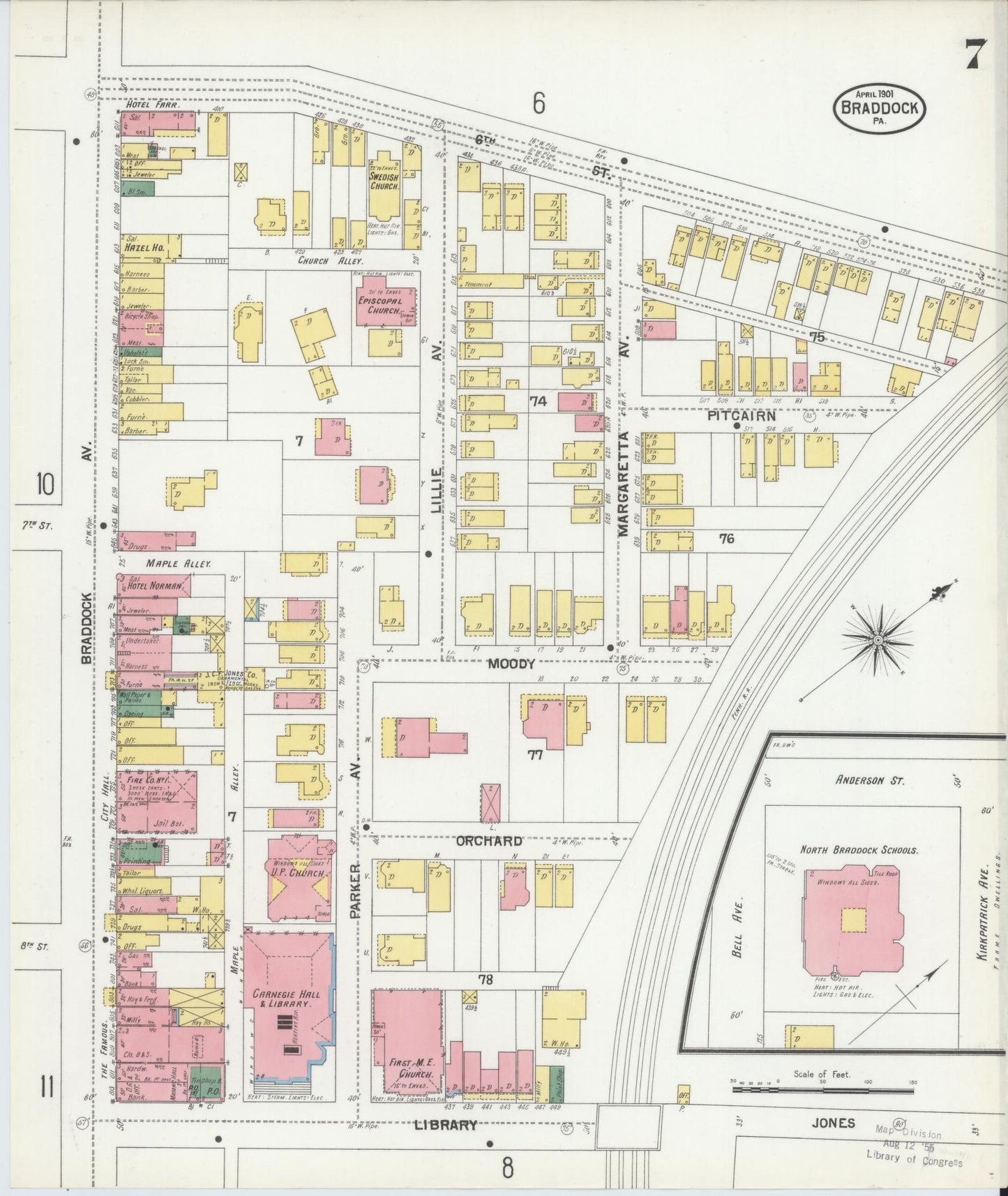 Sanborn Fire Insurance Map from Braddock, Allegheny County, Pennsylvania (1901), Sheet #0007 - Historic Sanborn Fire Insurance Map Print, vintage old map wall art, antique decor, genealogy gift, Pennsylvania Pennsylvania map