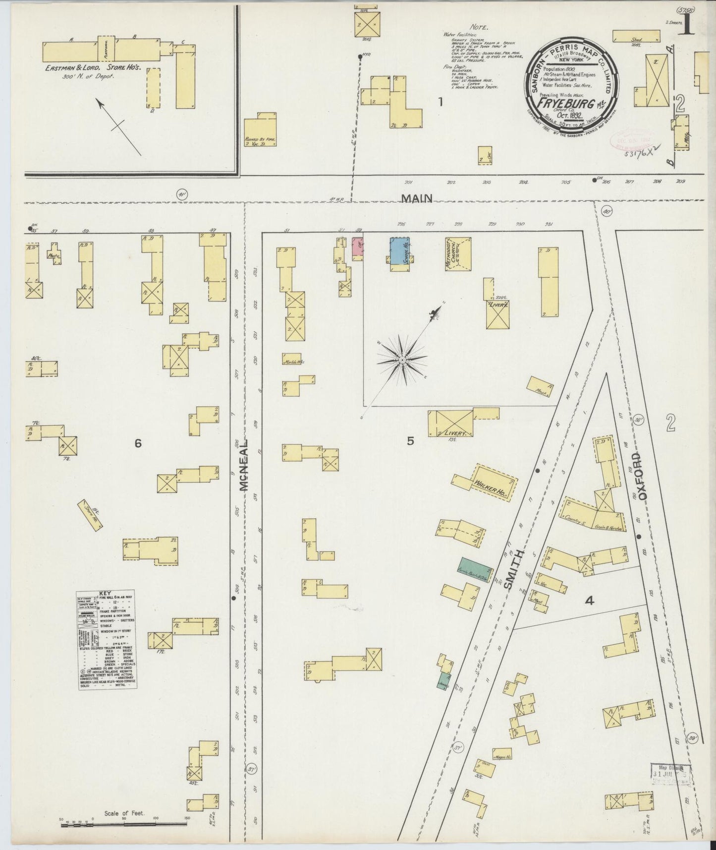 Sanborn Fire Insurance Map from Fryeburg, Oxford County, Maine (1892), Sheet #0001 - Historic Sanborn Fire Insurance Map Print, vintage old map wall art, antique decor, genealogy gift, Maine Maine map