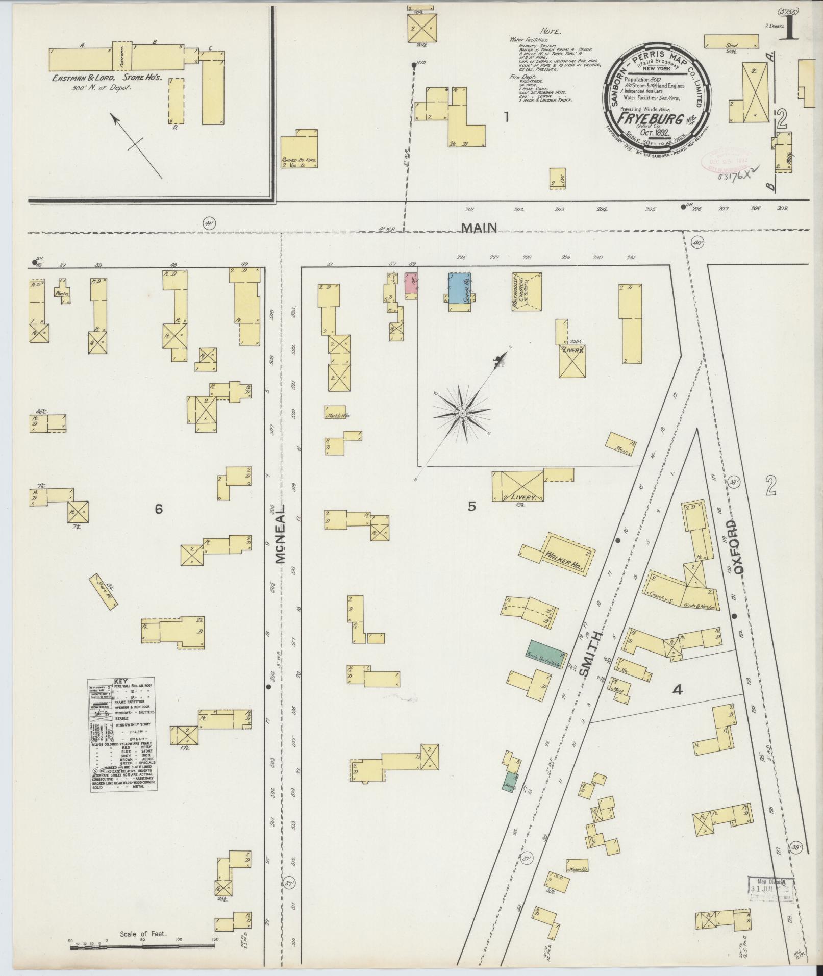 Sanborn Fire Insurance Map from Fryeburg, Oxford County, Maine (1892), Sheet #0001 - Historic Sanborn Fire Insurance Map Print, vintage old map wall art, antique decor, genealogy gift, Maine Maine map