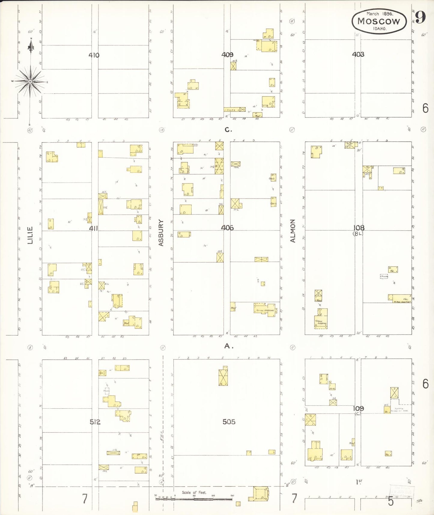 Sanborn Fire Insurance Map from Moscow, Latah County, Idaho (1896), Sheet #0009 - Complete Map Set gallery image, historic Sanborn map, vintage wall art, Idaho Idaho