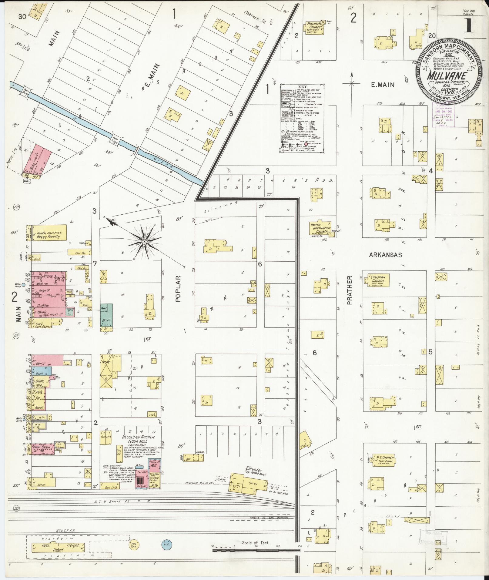 Sanborn Fire Insurance Map from Mulvane, Sumner and Sedgwick Counties, Kansas (1902), Sheet #0001 - Historic Sanborn Fire Insurance Map Print, vintage old map wall art, antique decor, genealogy gift, Kansas Kansas map