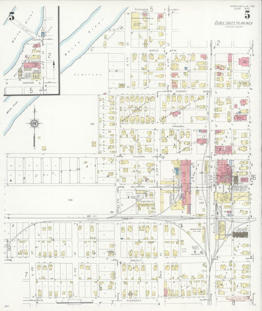 Sanborn Fire Insurance Map from Noblesville, Hamilton County, Indiana (1933), Sheet #0005 - Historic Sanborn Fire Insurance Map Print, vintage old map wall art, antique decor, genealogy gift, Indiana Indiana map