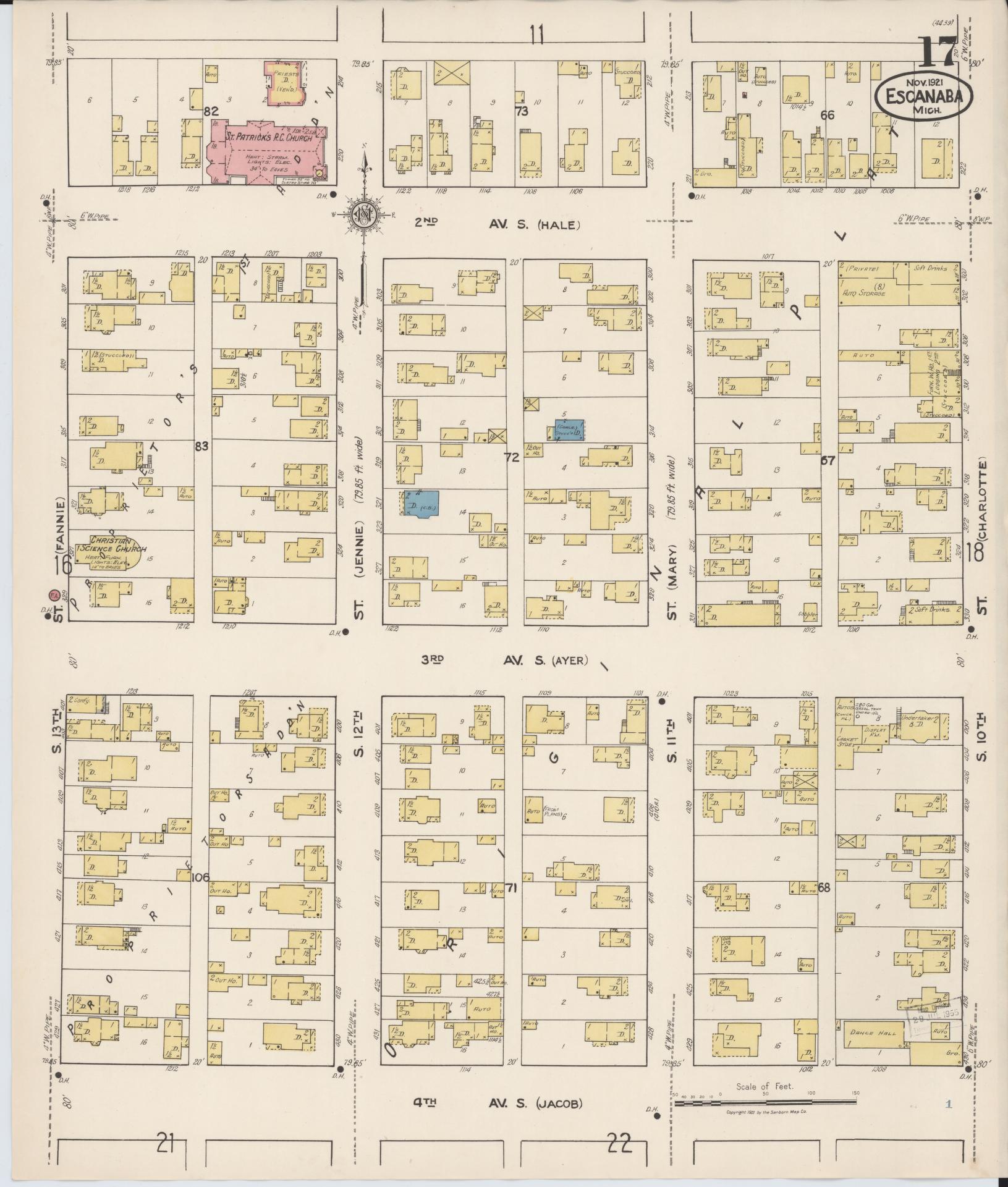 Sanborn Fire Insurance Map from Escanaba, Delta County, Michigan (1921), Sheet #0017 - Historic Sanborn Fire Insurance Map Print, vintage old map wall art, antique decor, genealogy gift, Michigan Michigan map