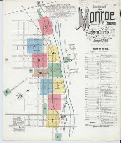 Sanborn Fire Insurance Map from Monroe, Monroe County, Michigan (1899), Sheet #0001 - Historic Sanborn Fire Insurance Map Print, vintage old map wall art, antique decor, genealogy gift, Michigan Michigan map