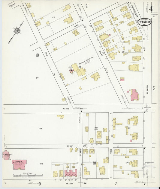 Sanborn Fire Insurance Map from Franklin, Independent Cities, Virginia (1917), Sheet #0004 - Historic Sanborn Fire Insurance Map Print, vintage old map wall art, antique decor, genealogy gift, Virginia Virginia map