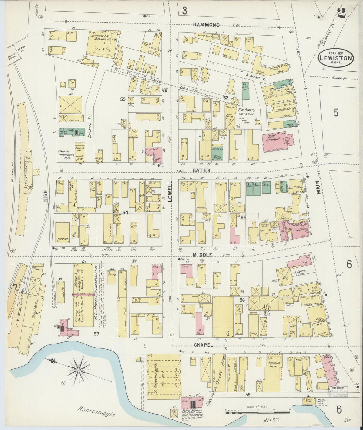 Sanborn Fire Insurance Map from Lewiston, Androscoggin County, Maine (1897), Sheet #0002 - Complete Map Set gallery image, historic Sanborn map, vintage wall art, Maine Maine