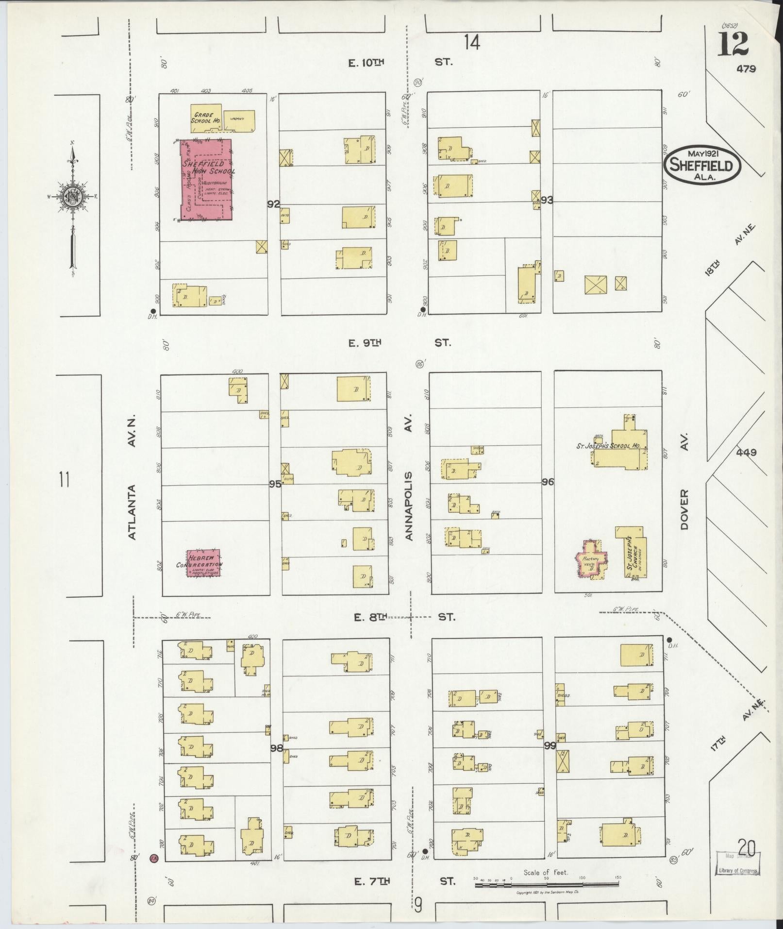 Sanborn Fire Insurance Map from Sheffield, Colbert County, Alabama (1921), Sheet #0012 - Historic Sanborn Fire Insurance Map Print, vintage old map wall art, antique decor, genealogy gift, Alabama Alabama map