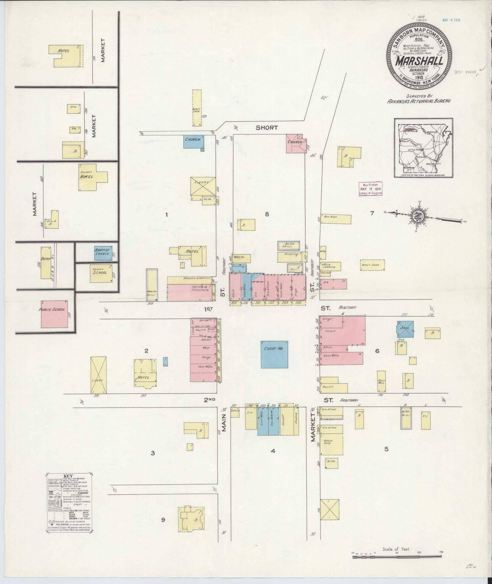 Sanborn Fire Insurance Map from Marshall, Searcy County, Arkansas. (1913) – Historic Sanborn Fire Insurance Map Print