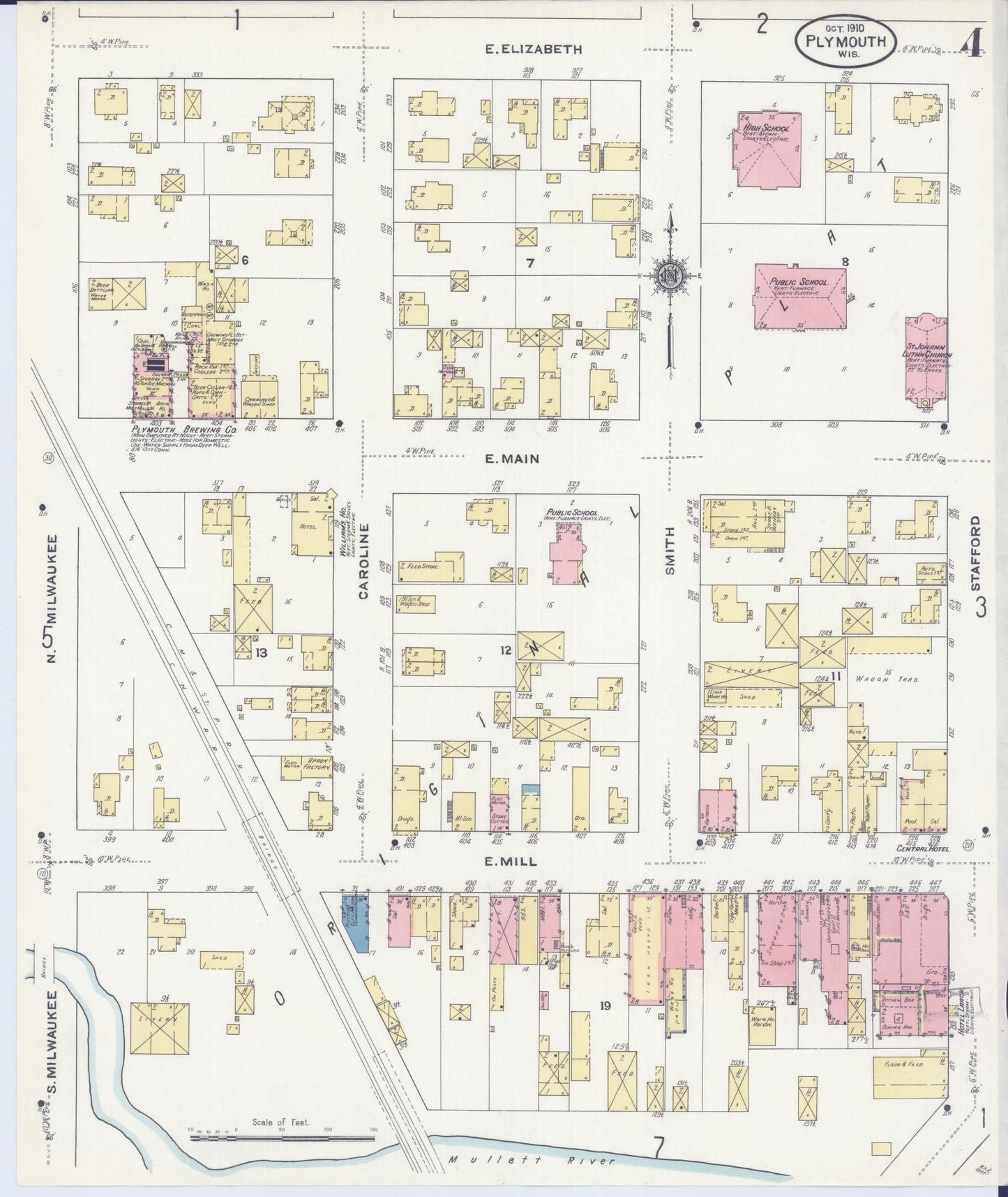 Sanborn Fire Insurance Map from Plymouth, Sheboygan County, Wisconsin (1910), Sheet #0004 - Historic Sanborn Fire Insurance Map Print, vintage old map wall art, antique decor, genealogy gift, Wisconsin Wisconsin map