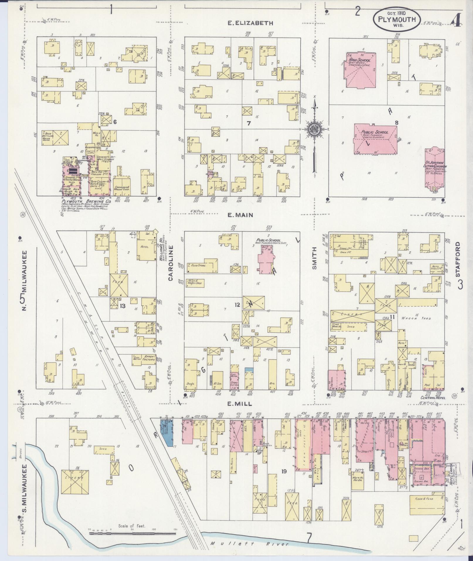 Sanborn Fire Insurance Map from Plymouth, Sheboygan County, Wisconsin (1910), Sheet #0004 - Historic Sanborn Fire Insurance Map Print, vintage old map wall art, antique decor, genealogy gift, Wisconsin Wisconsin map