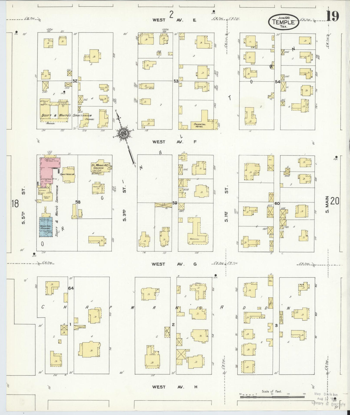 Sanborn Fire Insurance Map from Temple, Bell County, Texas (1910), Sheet #0019 - Complete Map Set gallery image, historic Sanborn map, vintage wall art, Texas Texas