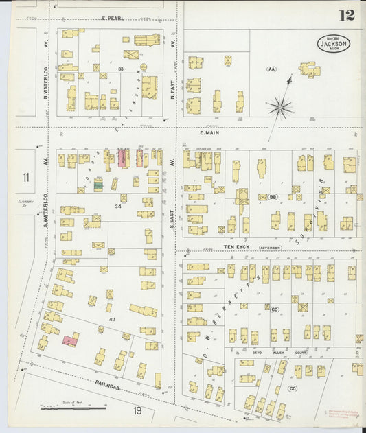 Sanborn Fire Insurance Map from Jackson, Jackson County, Michigan (1899), Sheet #0012 - Historic Sanborn Fire Insurance Map Print, vintage old map wall art, antique decor, genealogy gift, Michigan Michigan map