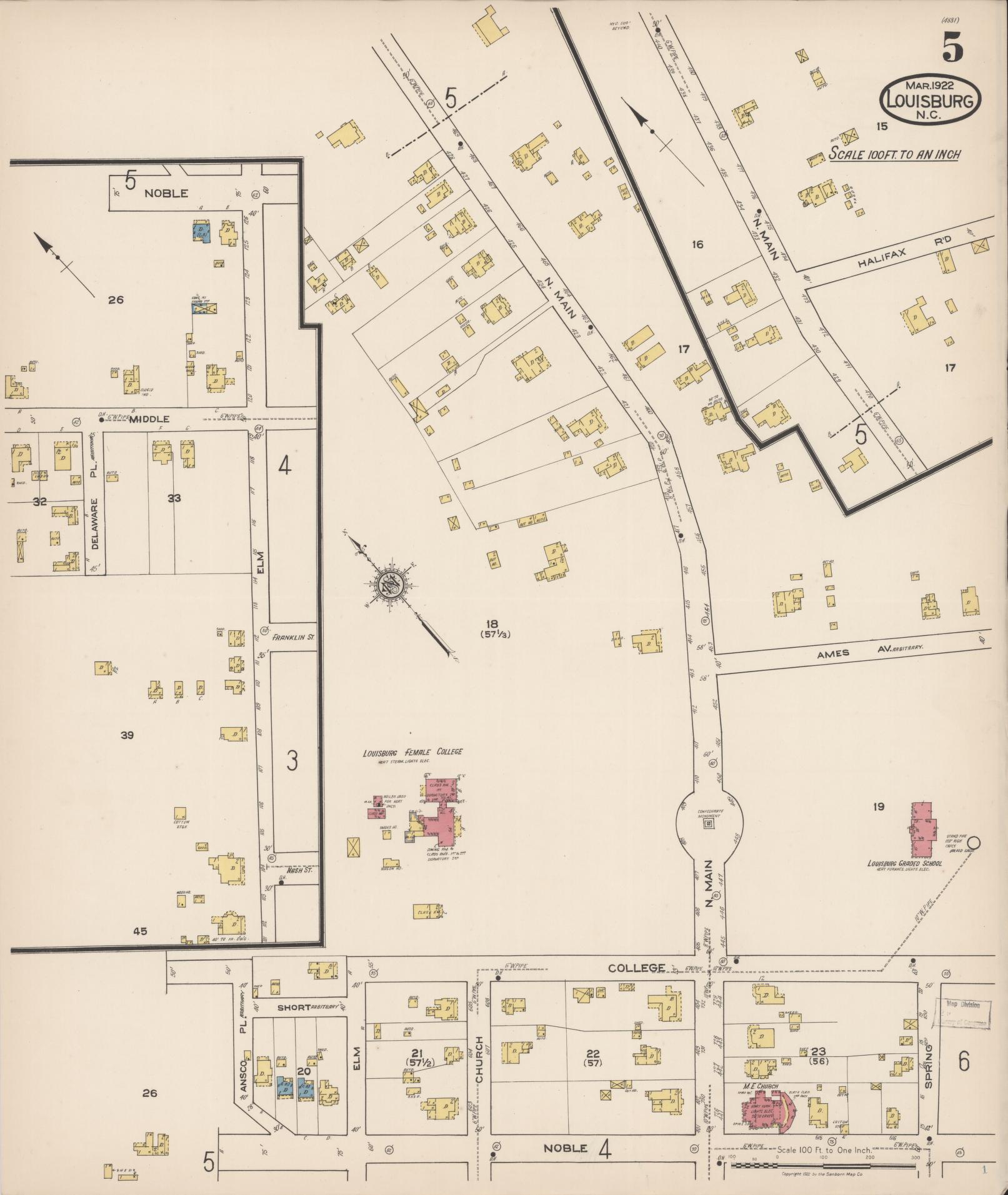 Sanborn Fire Insurance Map from Louisburg, Franklin County, North Carolina (1922), Sheet #0005 - Complete Map Set gallery image, historic Sanborn map, vintage wall art, North Carolina North Carolina
