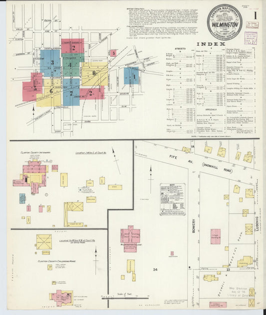 Sanborn Fire Insurance Map from Wilmington, Clinton County, Ohio (1907), Sheet #0001 - Complete Map Set gallery image, historic Sanborn map, vintage wall art, Ohio Ohio