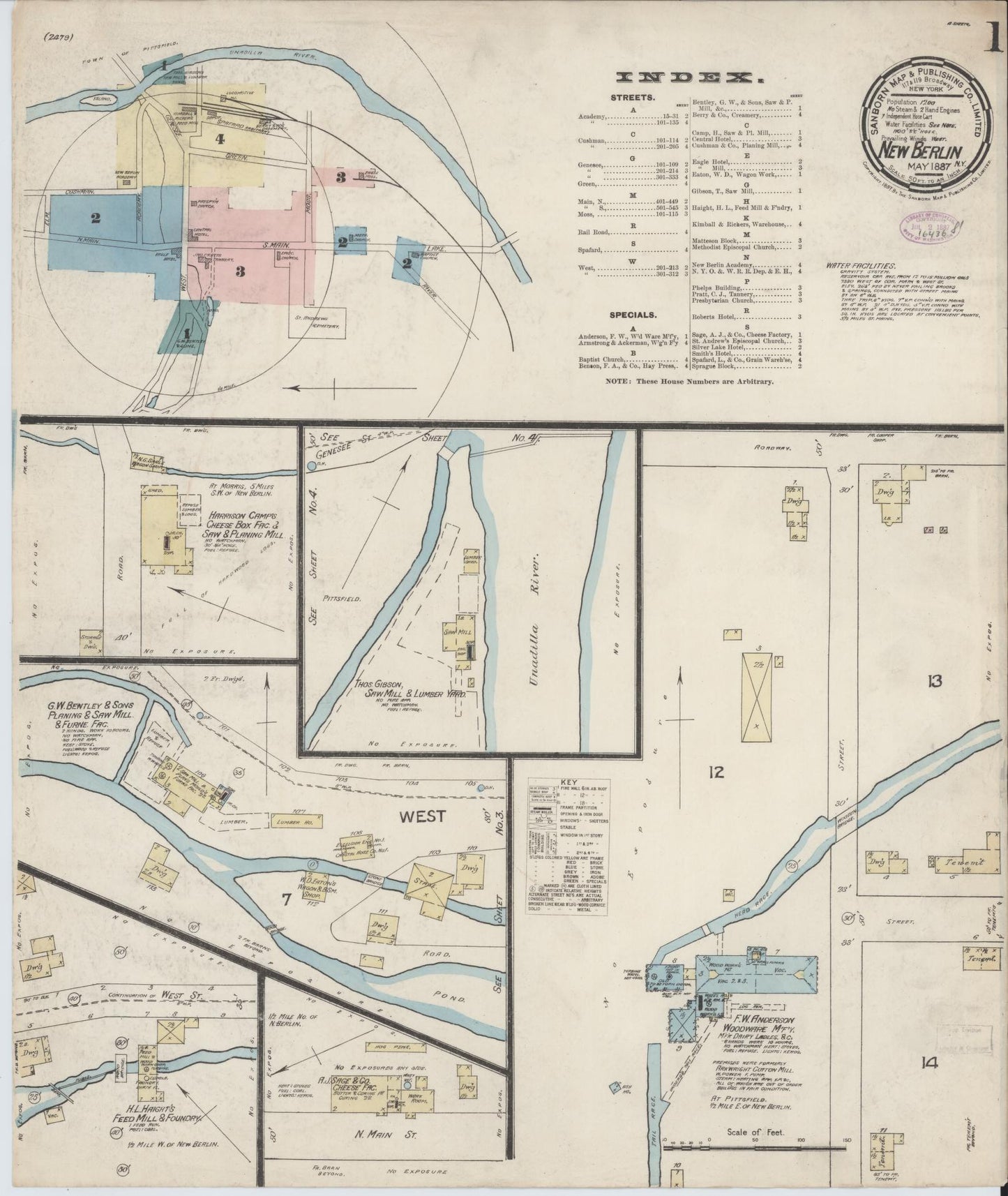 Sanborn Fire Insurance Map from New Berlin, Chenango County, New York (1887), Sheet #0001 - Complete Map Set gallery image, historic Sanborn map, vintage wall art, New York New York