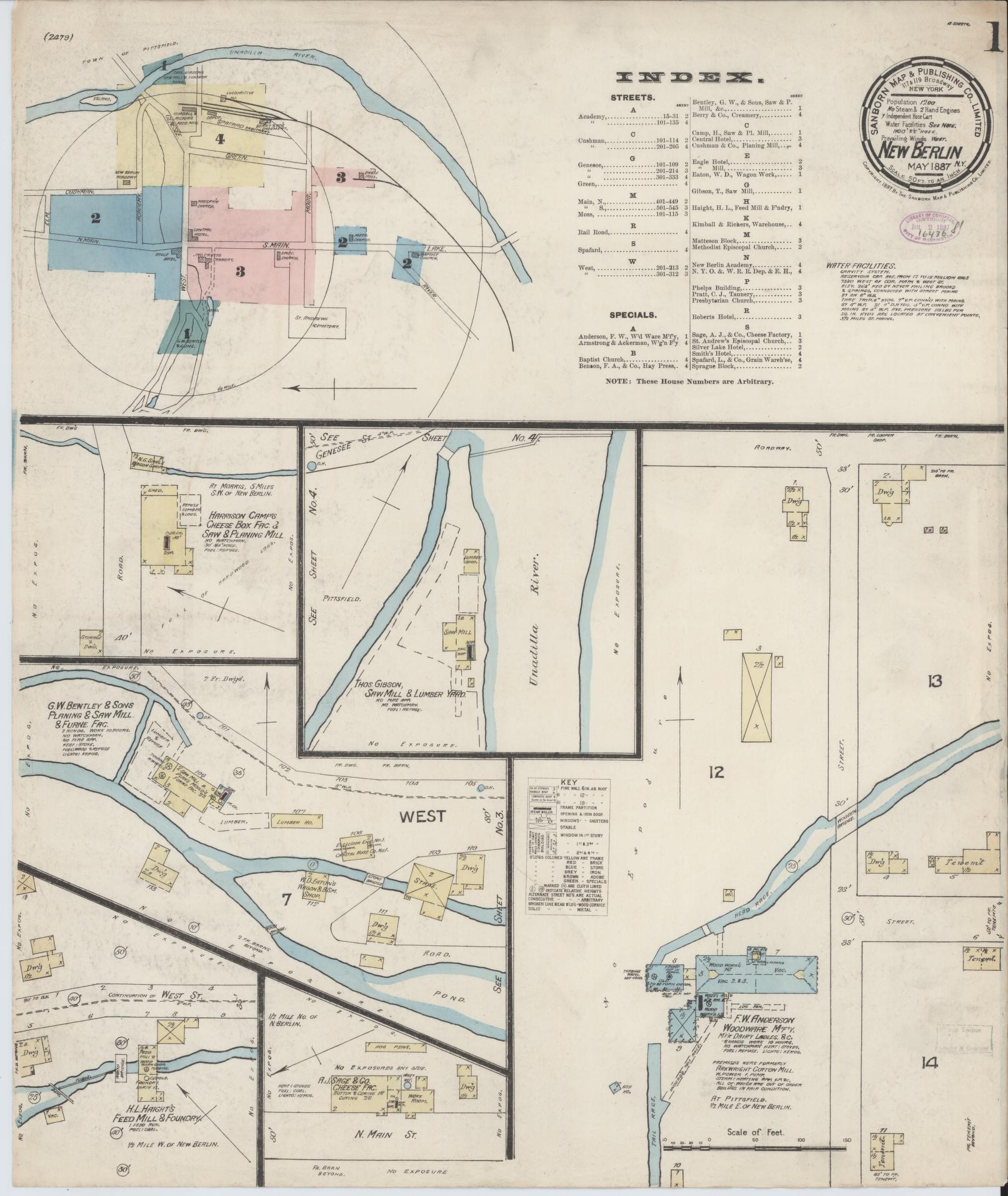 Sanborn Fire Insurance Map from New Berlin, Chenango County, New York (1887), Sheet #0001 - Complete Map Set gallery image, historic Sanborn map, vintage wall art, New York New York