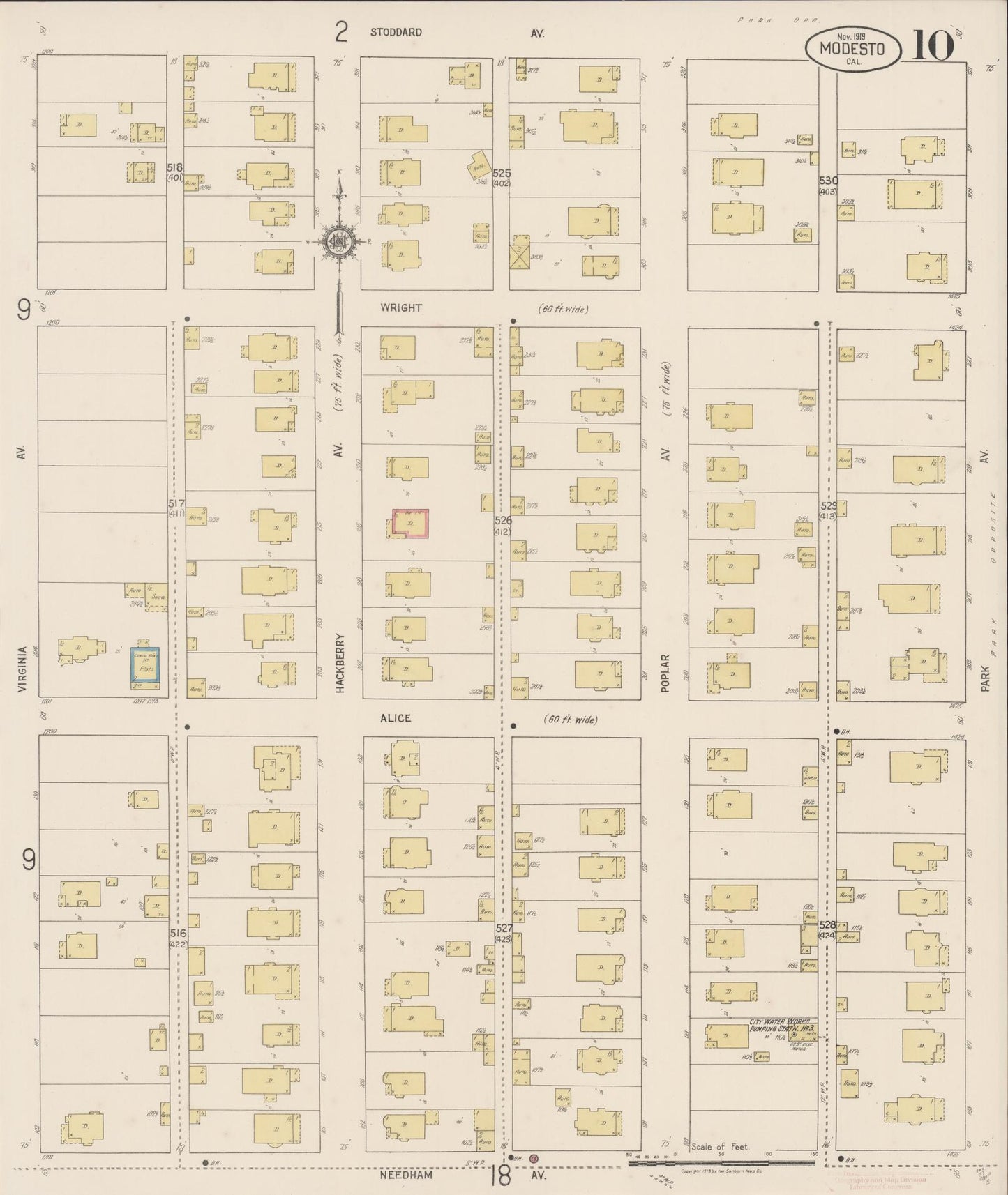 Sanborn Fire Insurance Map from Modesto, Stanislaus County, California (1919), Sheet #0010 - Historic Sanborn Fire Insurance Map Print, vintage old map wall art, antique decor, genealogy gift, California California map