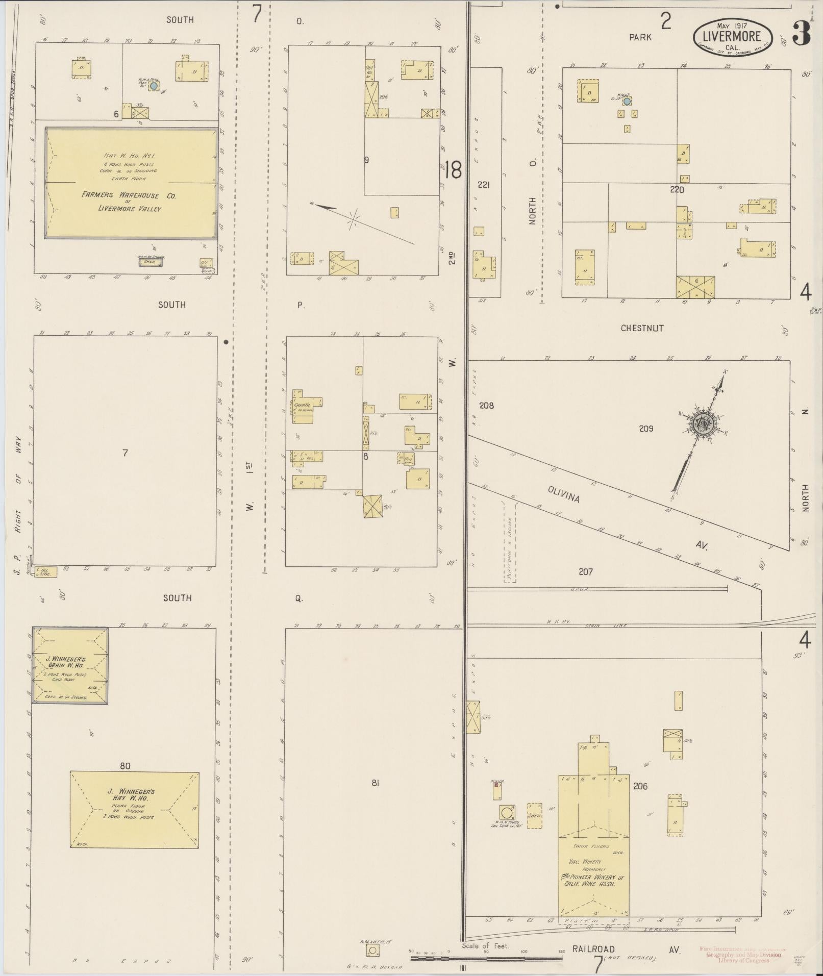 Sanborn Fire Insurance Map from Livermore, Alameda County, California (1917), Sheet #0003 - Complete Map Set gallery image, historic Sanborn map, vintage wall art, California California
