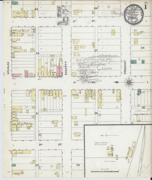 Sanborn Fire Insurance Map from O'Neill, Holt County, Nebraska (1891), Sheet #0001 - Complete Map Set gallery image, historic Sanborn map, vintage wall art, Nebraska Nebraska