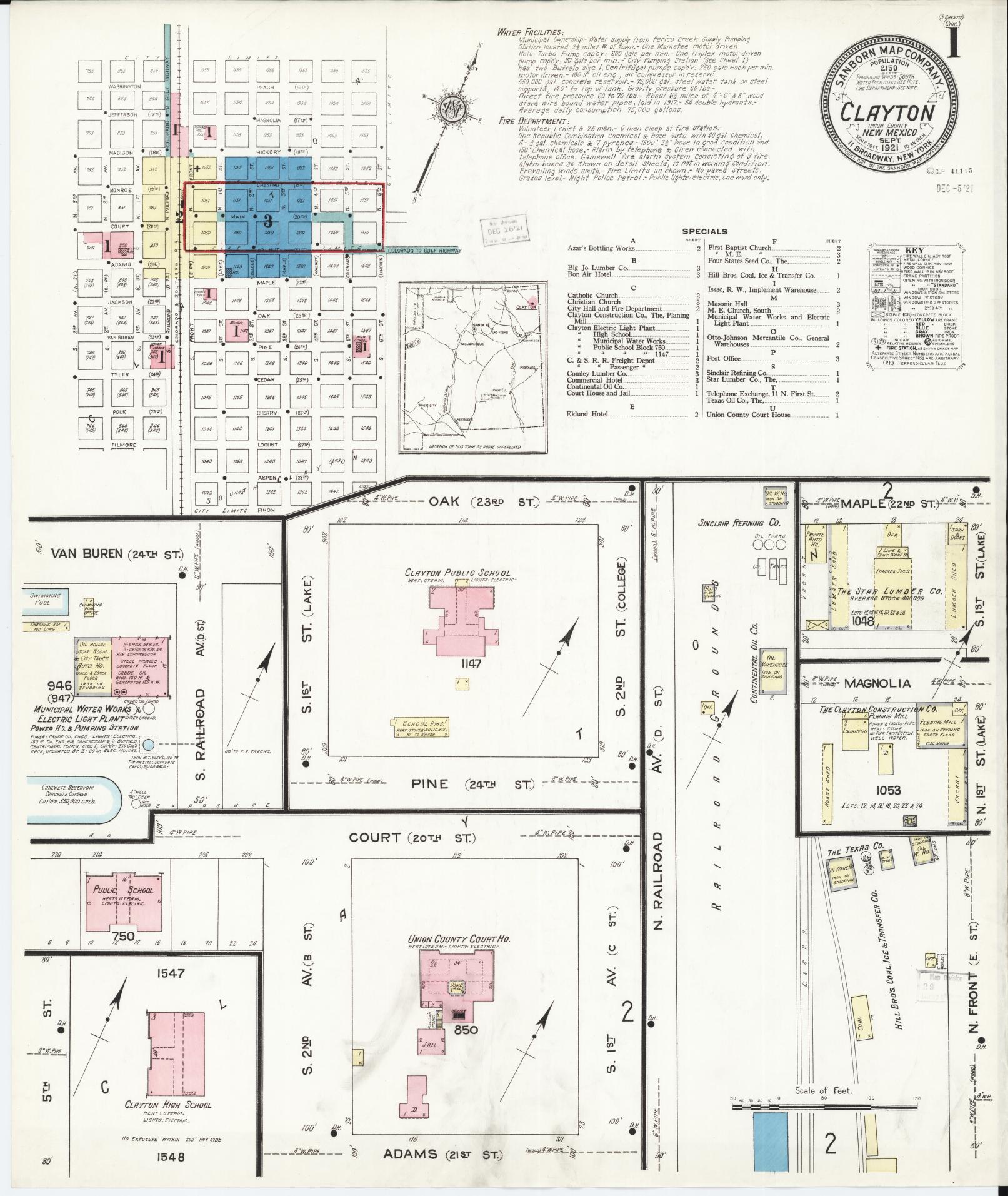 Sanborn Fire Insurance Map from Clayton, Union County, New Mexico (1921), Sheet #0001 - Historic Sanborn Fire Insurance Map Print, vintage old map wall art, antique decor, genealogy gift, New Mexico New Mexico map