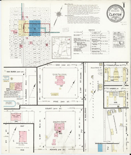 Sanborn Fire Insurance Map from Clayton, Union County, New Mexico (1921), Sheet #0001 - Historic Sanborn Fire Insurance Map Print, vintage old map wall art, antique decor, genealogy gift, New Mexico New Mexico map