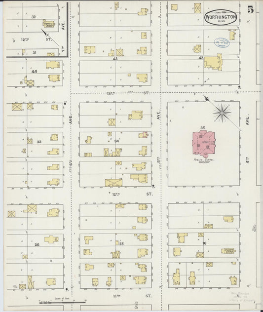 Sanborn Fire Insurance Map from Worthington, Nobles County, Minnesota (1894), Sheet #0005 - Historic Sanborn Fire Insurance Map Print, vintage old map wall art, antique decor, genealogy gift, Minnesota Minnesota map