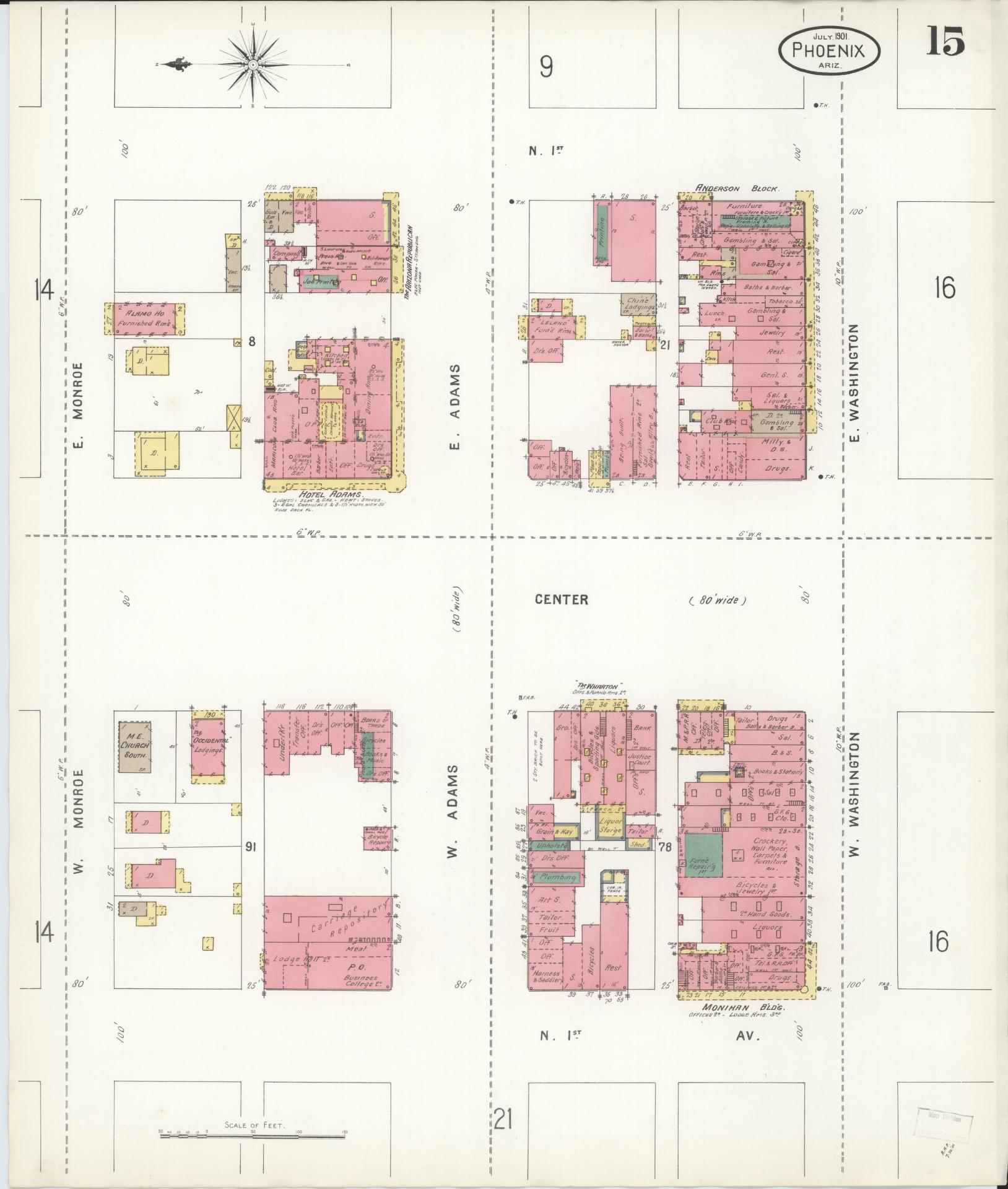 Sanborn Fire Insurance Map from Phoenix, Maricopa County, Arizona (1901), Sheet #0015 - Historic Sanborn Fire Insurance Map Print, vintage old map wall art, antique decor, genealogy gift, Arizona Arizona map