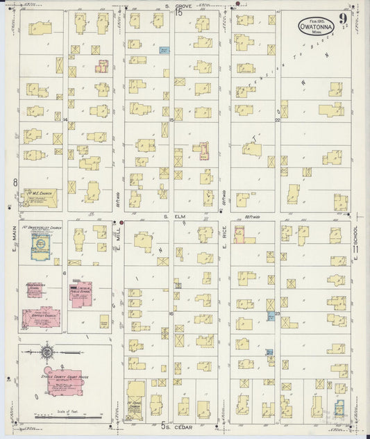 Sanborn Fire Insurance Map from Owatonna, Steele County, Minnesota (1915), Sheet #0009 - Historic Sanborn Fire Insurance Map Print, vintage old map wall art, antique decor, genealogy gift, Minnesota Minnesota map
