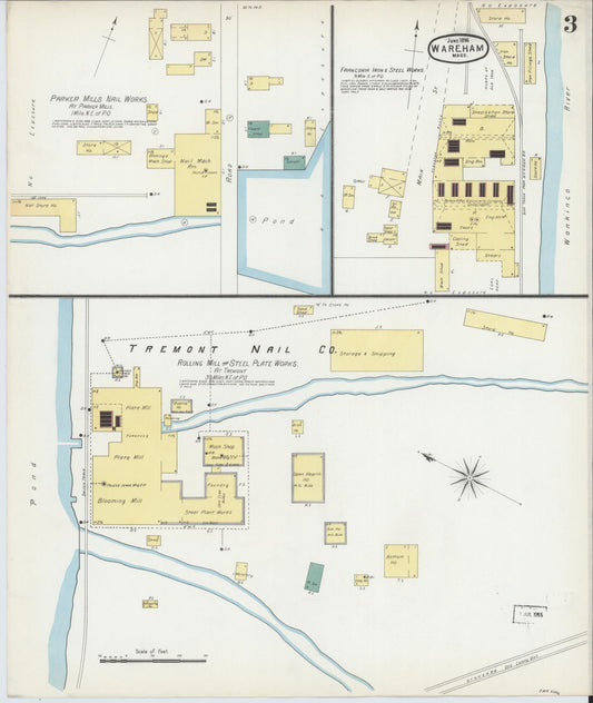 Sanborn Fire Insurance Map from Wareham, Plymouth County, Massachusetts (1896), Sheet #0003 - Historic Sanborn Fire Insurance Map Print, vintage old map wall art, antique decor, genealogy gift, Massachusetts Massachusetts map