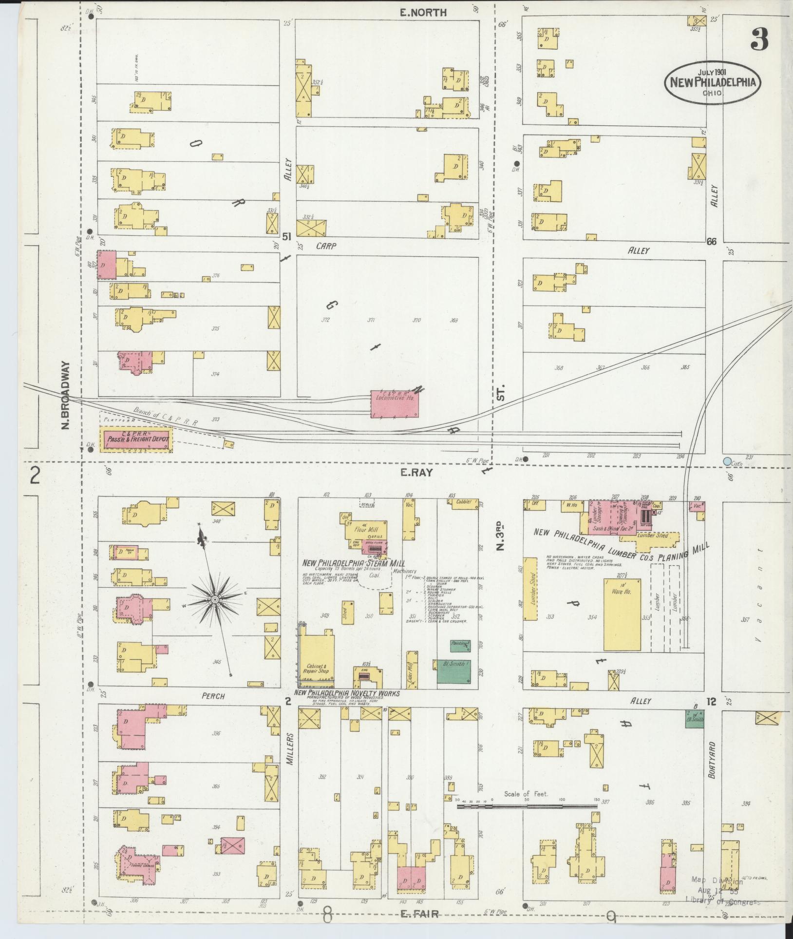 Sanborn Fire Insurance Map from New Philadelphia, Tuscarawas County, Ohio (1901), Sheet #0003 - Historic Sanborn Fire Insurance Map Print, vintage old map wall art, antique decor, genealogy gift, Ohio Ohio map