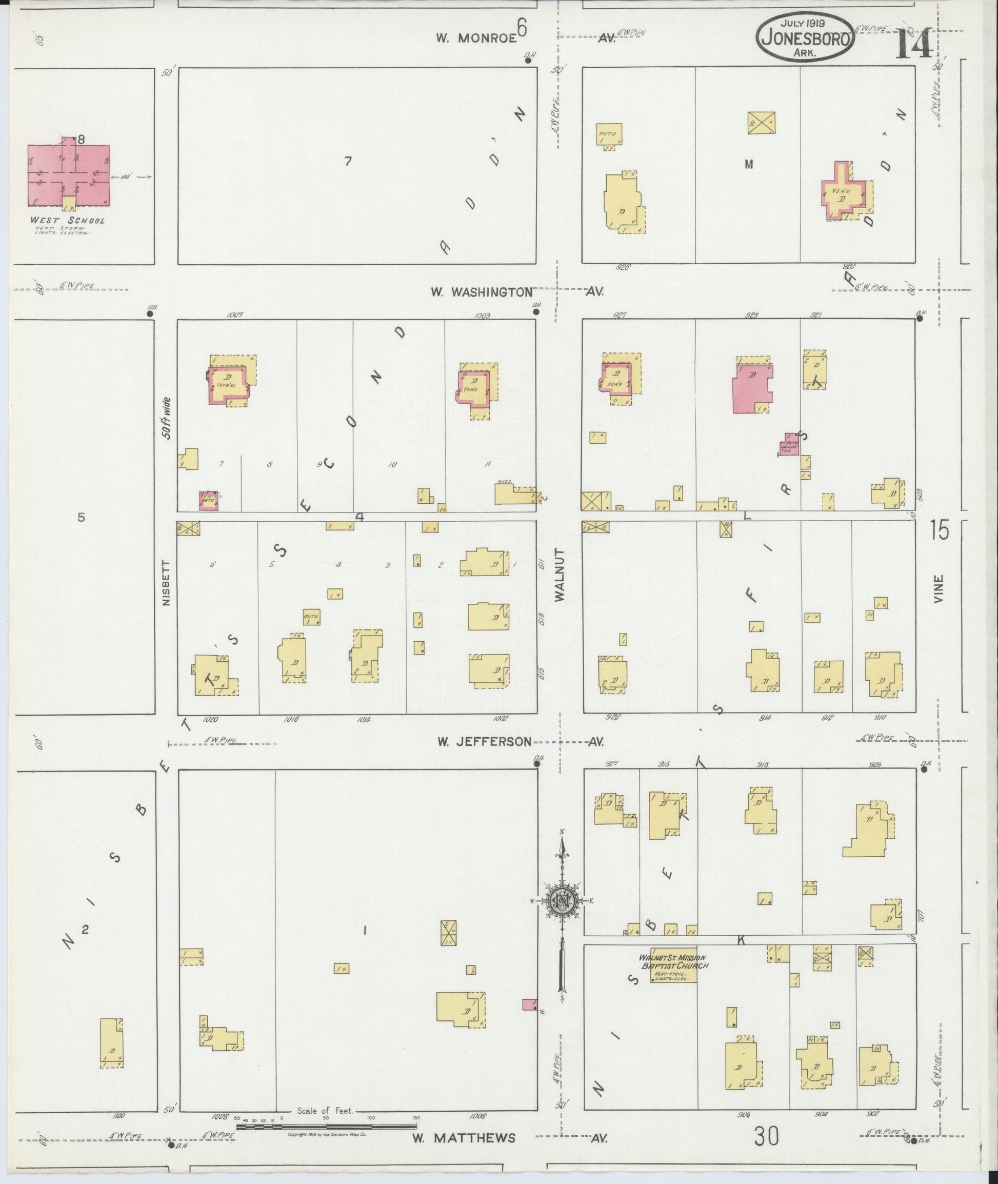 Sanborn Fire Insurance Map from Jonesboro, Craighead County, Arkansas (1919), Sheet #0014 - Complete Map Set gallery image, historic Sanborn map, vintage wall art, Arkansas Arkansas