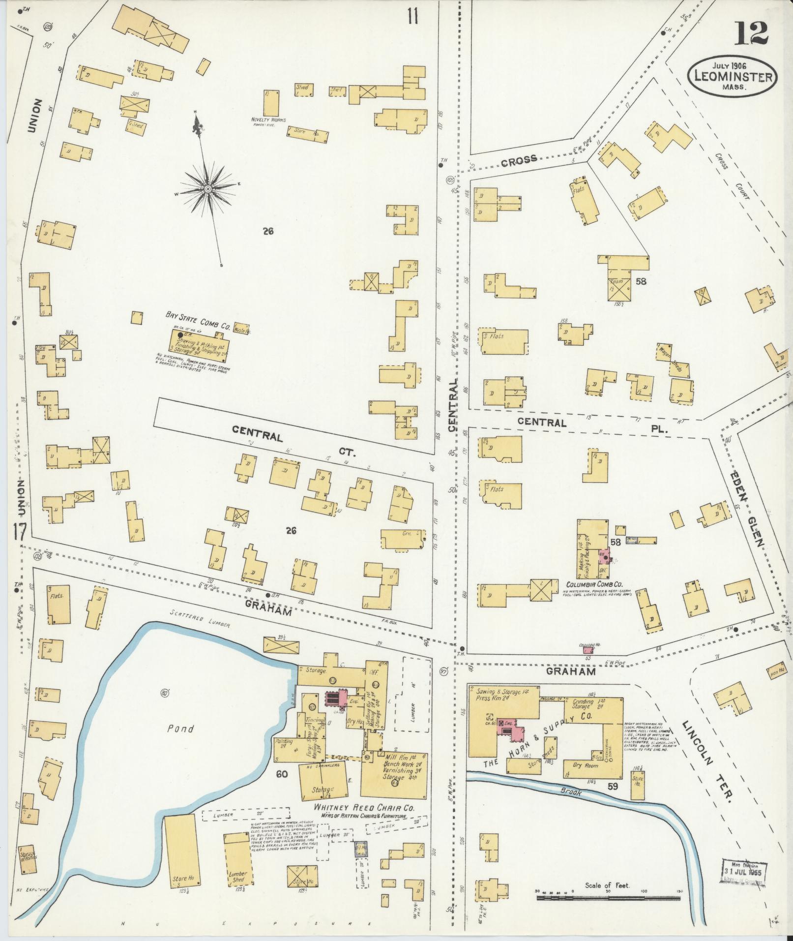 Sanborn Fire Insurance Map from Leominster, Worcester County, Massachusetts (1906), Sheet #0012 - Historic Sanborn Fire Insurance Map Print, vintage old map wall art, antique decor, genealogy gift, Massachusetts Massachusetts map