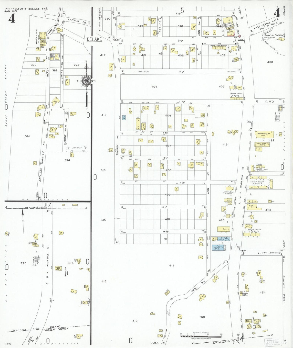 Sanborn Fire Insurance Map from Taft, Lincoln County, Oregon (1951), Sheet #0004 - Historic Sanborn Fire Insurance Map Print, vintage old map wall art, antique decor, genealogy gift, Oregon Oregon map