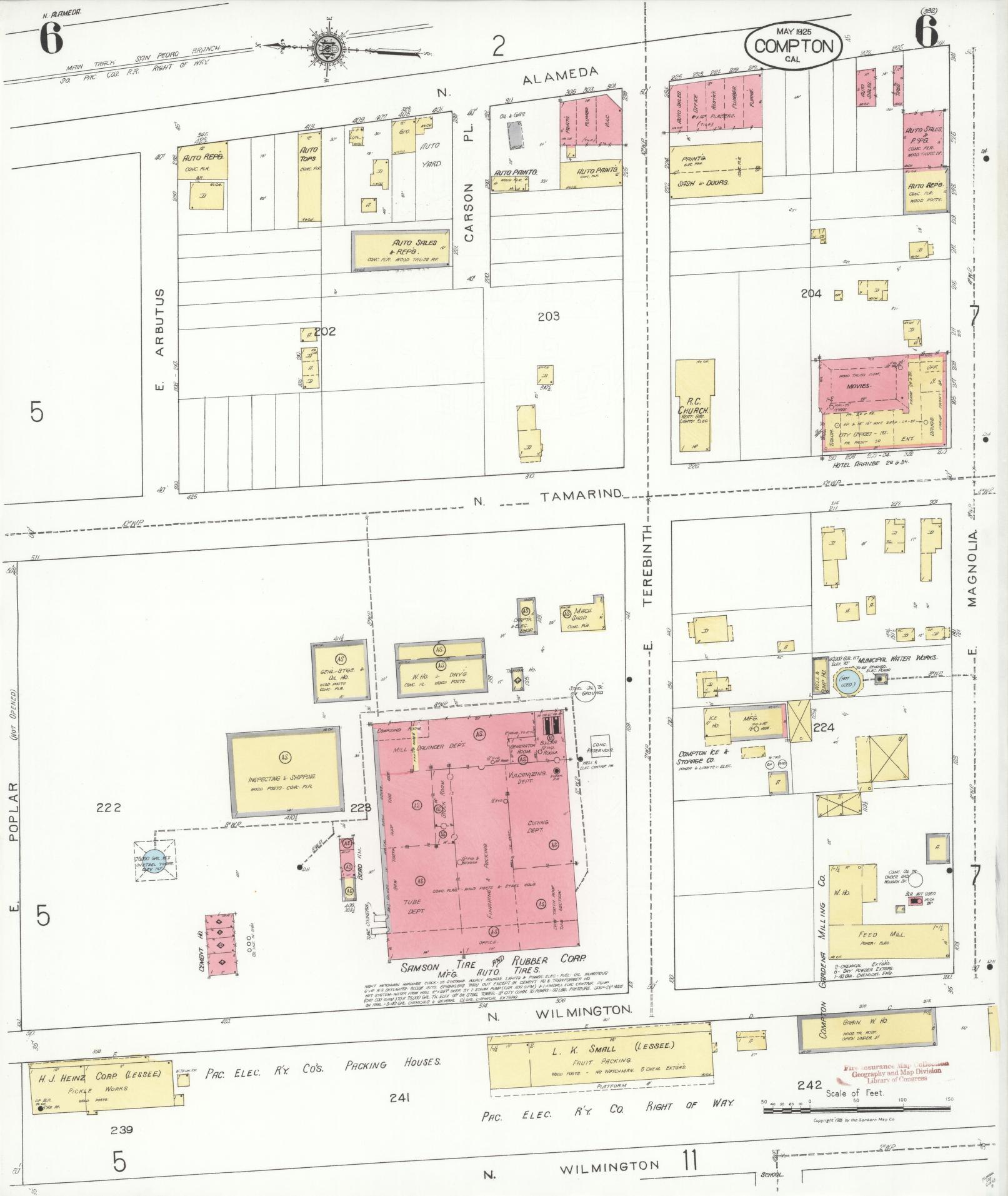 Sanborn Fire Insurance Map from Compton, Los Angeles County, California (1925), Sheet #0006 - Historic Sanborn Fire Insurance Map Print, vintage old map wall art, antique decor, genealogy gift, California California map