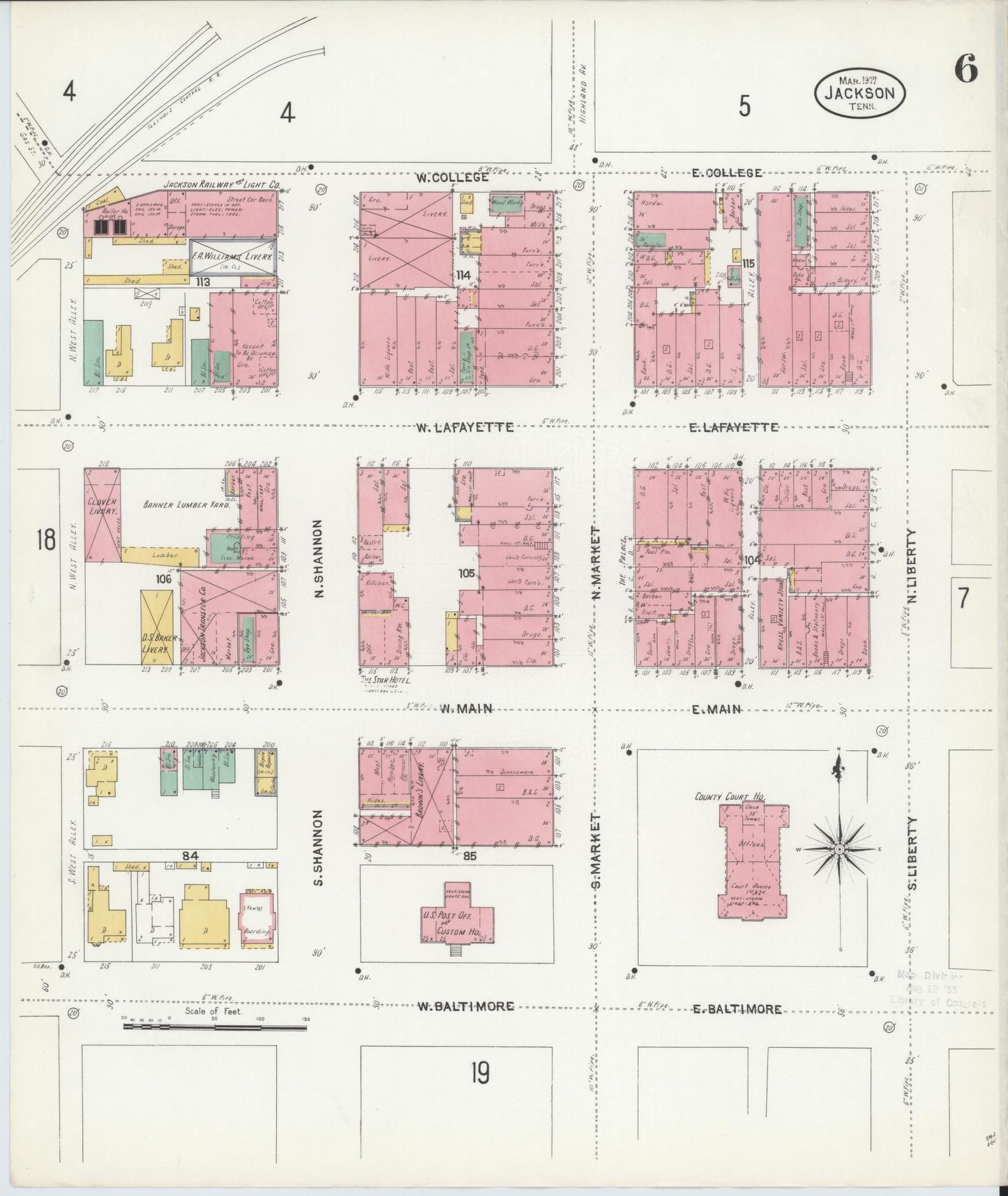 Sanborn Fire Insurance Map from Jackson, Madison County, Tennessee (1907), Sheet #0006 - Historic Sanborn Fire Insurance Map Print, vintage old map wall art, antique decor, genealogy gift, Tennessee Tennessee map