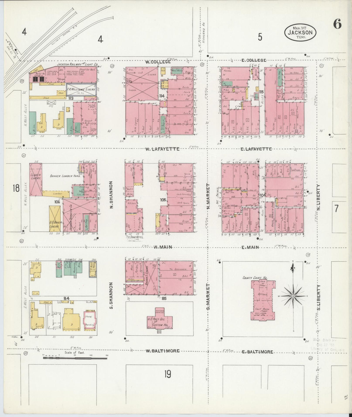 Sanborn Fire Insurance Map from Jackson, Madison County, Tennessee (1907), Sheet #0006 - Historic Sanborn Fire Insurance Map Print, vintage old map wall art, antique decor, genealogy gift, Tennessee Tennessee map