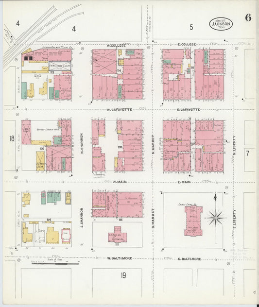 Sanborn Fire Insurance Map from Jackson, Madison County, Tennessee (1907), Sheet #0006 - Historic Sanborn Fire Insurance Map Print, vintage old map wall art, antique decor, genealogy gift, Tennessee Tennessee map