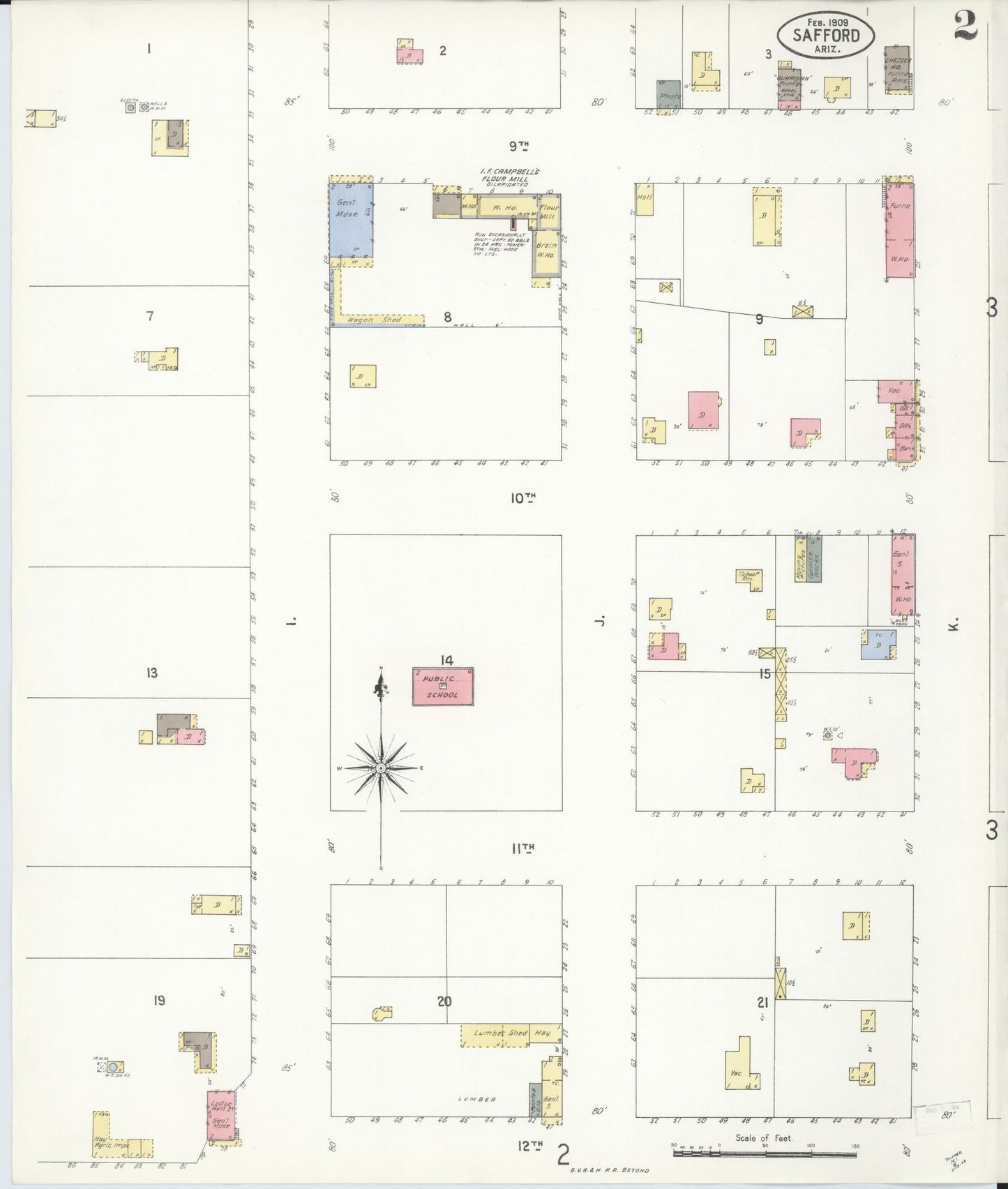 Sanborn Fire Insurance Map from Safford, Graham County, Arizona (1909), Sheet #0002 - Complete Map Set gallery image, historic Sanborn map, vintage wall art, Arizona Arizona
