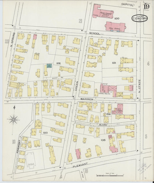 Sanborn Fire Insurance Map from Concord, Merrimack County, New Hampshire (1893), Sheet #0019 - Historic Sanborn Fire Insurance Map Print, vintage old map wall art, antique decor, genealogy gift, New Hampshire New Hampshire map