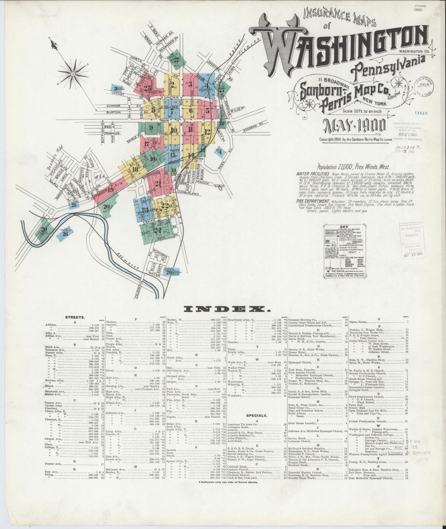 Sanborn Fire Insurance Map from Washington, Washington County, Pennsylvania (1900), Sheet #0001 - Historic Sanborn Fire Insurance Map Print, vintage old map wall art, antique decor, genealogy gift, Sanborn Fire Insurance Map from Washington Washington map
