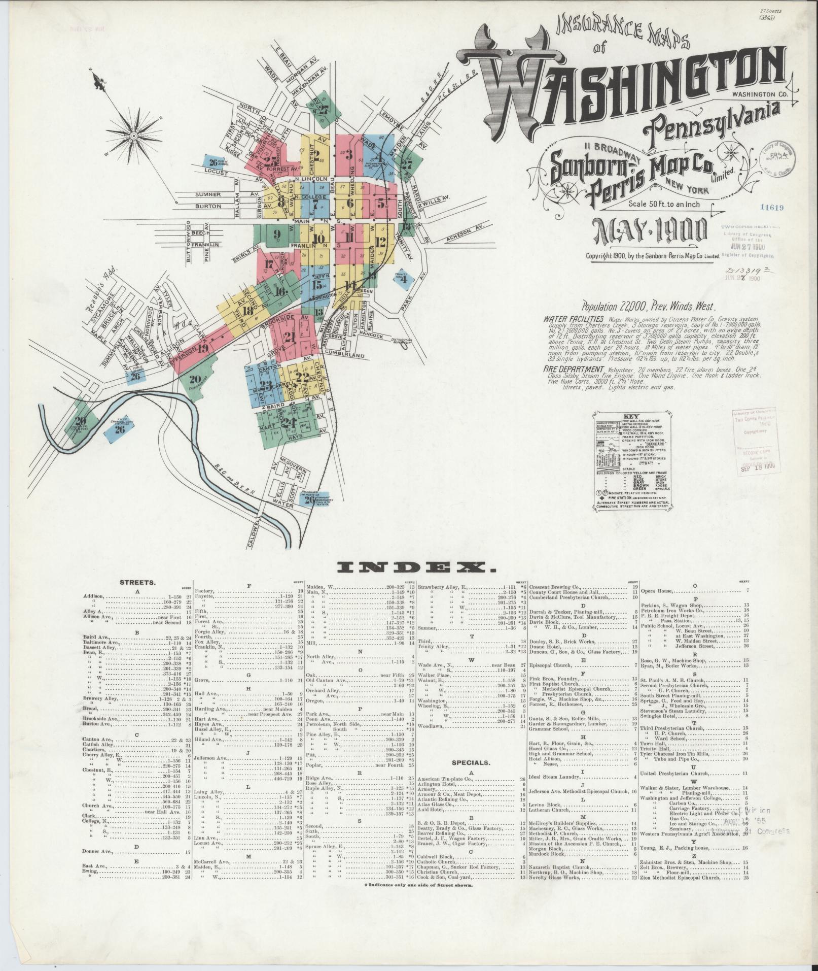 Sanborn Fire Insurance Map from Washington, Washington County, Pennsylvania (1900), Sheet #0001 - Historic Sanborn Fire Insurance Map Print, vintage old map wall art, antique decor, genealogy gift, Sanborn Fire Insurance Map from Washington Washington map
