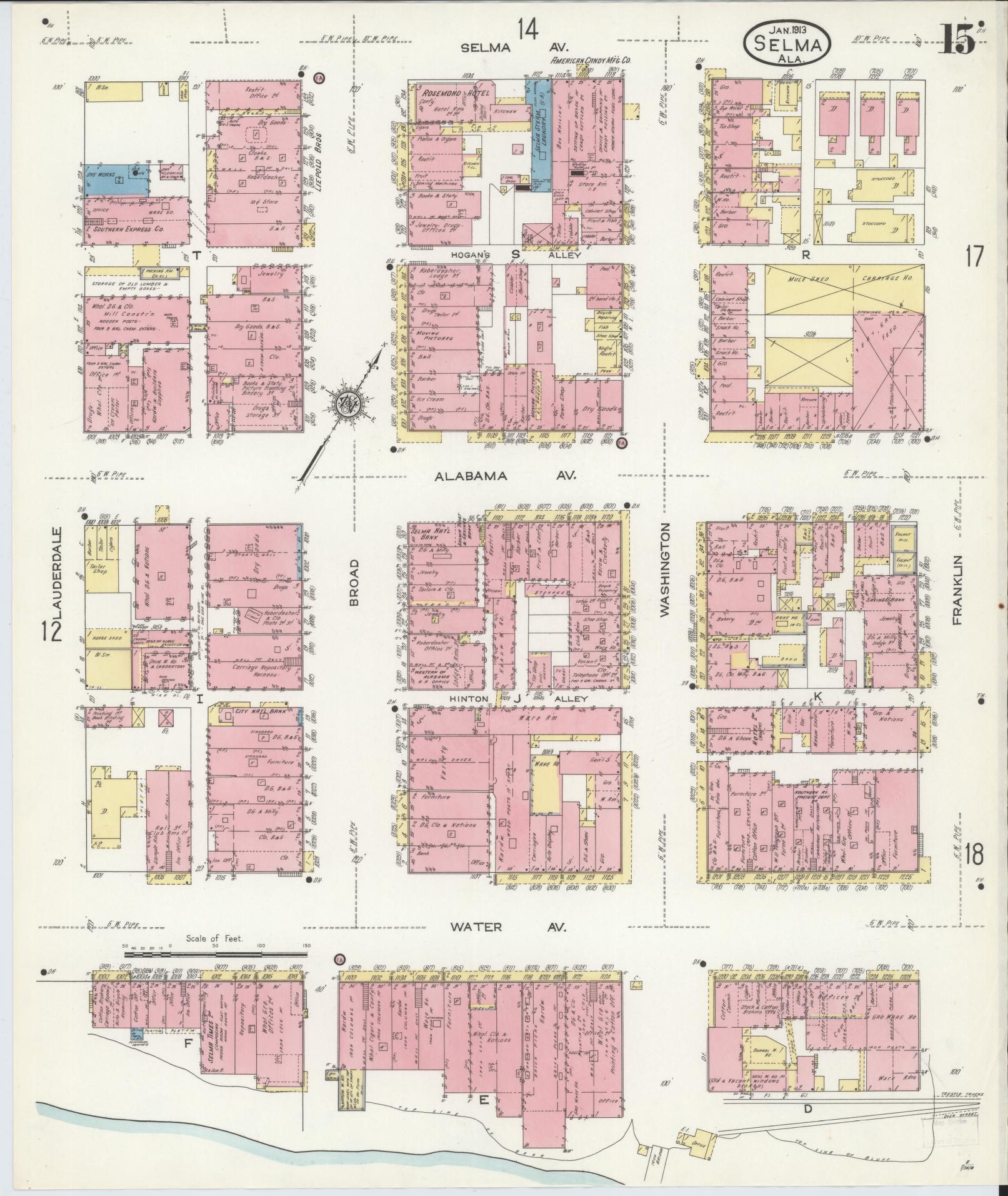 Sanborn Fire Insurance Map from Selma, Dallas County, Alabama (1913), Sheet #0015 - Complete Map Set gallery image, historic Sanborn map, vintage wall art, Alabama Alabama