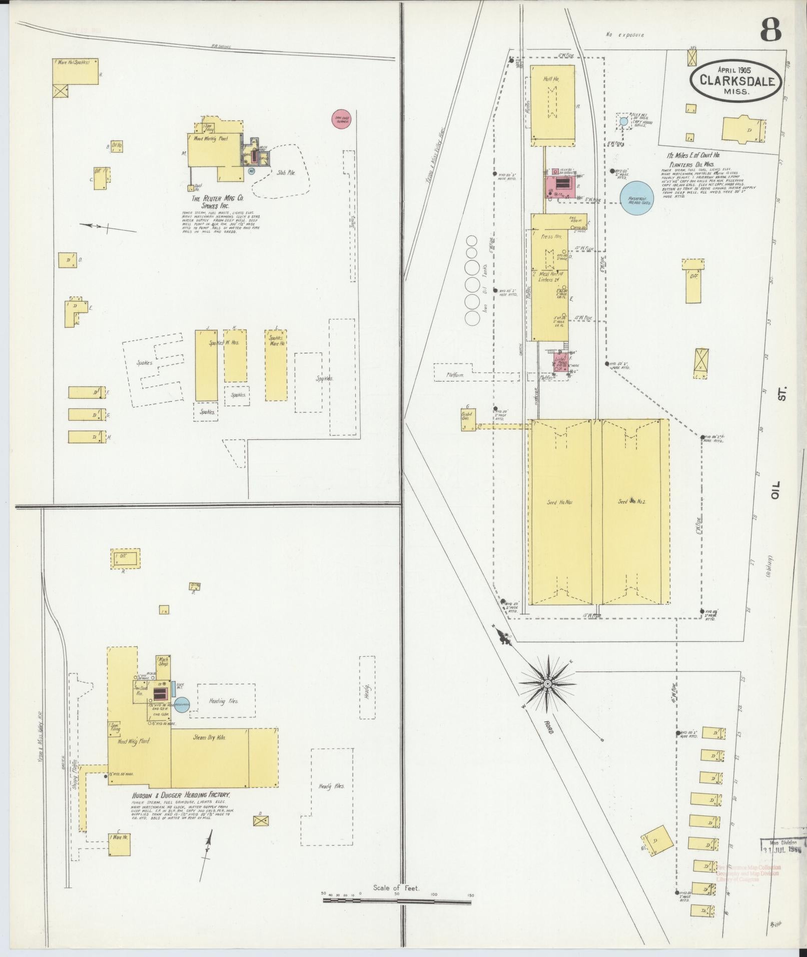 Sanborn Fire Insurance Map from Clarksdale, Coahoma County, Mississippi (1905), Sheet #0008 - Historic Sanborn Fire Insurance Map Print, vintage old map wall art, antique decor, genealogy gift, Mississippi Mississippi map