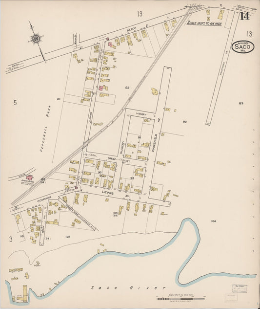 Sanborn Fire Insurance Map from Saco, York County, Maine (1922), Sheet #0014 - Historic Sanborn Fire Insurance Map Print, vintage old map wall art, antique decor, genealogy gift, Maine Maine map