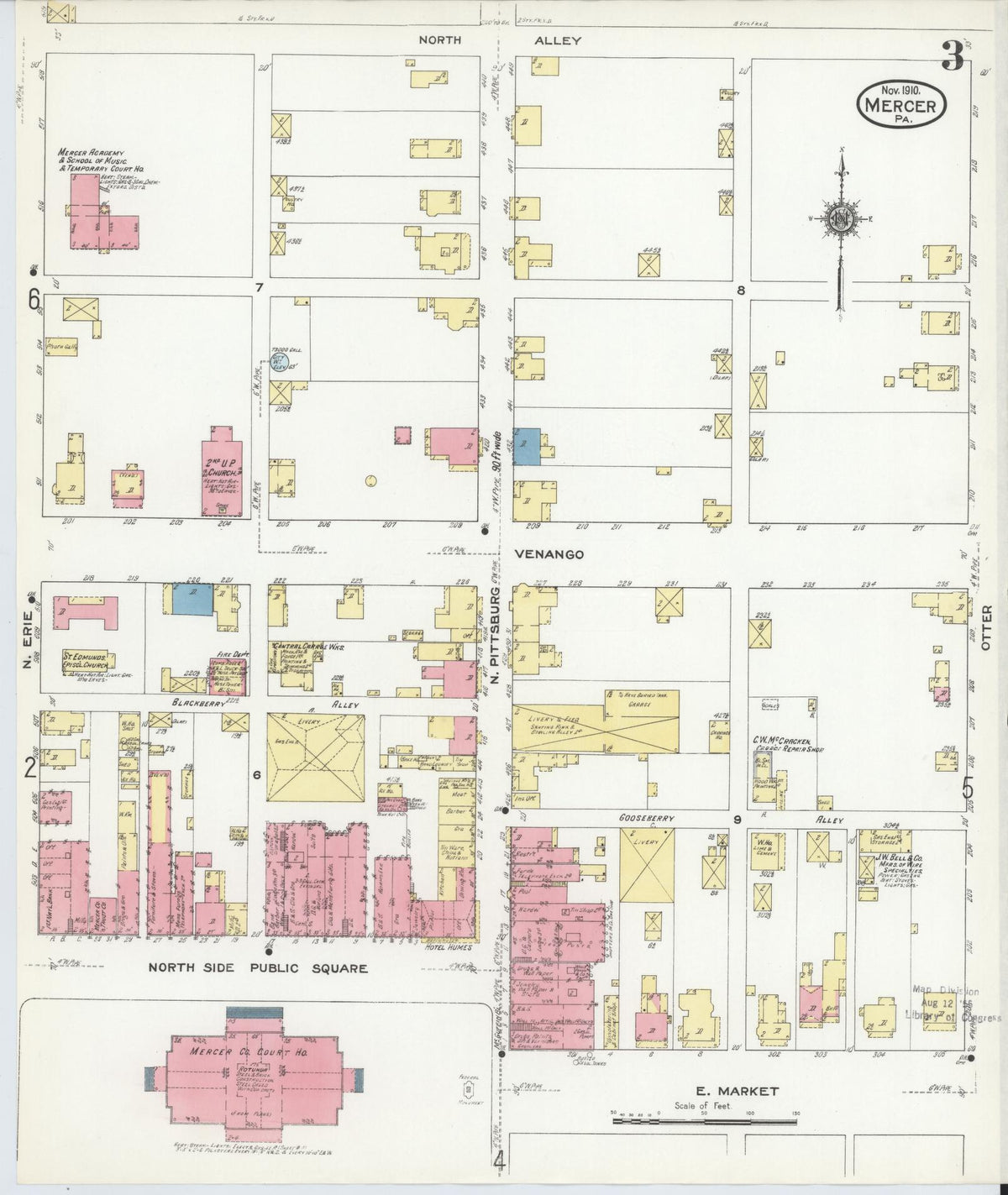 Sanborn Fire Insurance Map from Mercer, Mercer County, Pennsylvania (1910), Sheet #0003 - Complete Map Set gallery image, historic Sanborn map, vintage wall art, Pennsylvania Pennsylvania